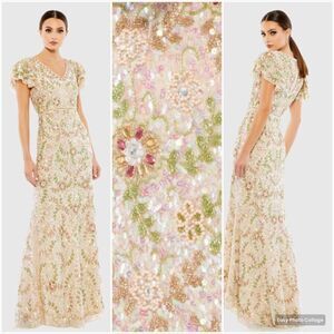 Mac Duggal 10772 Womens Embellished Ruffle Cap Sleeve  V Neck Gown